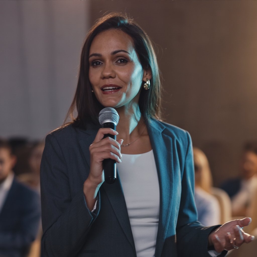 Angie Barrios dando una conferencia en vivo, al fondo se ven personas sentadas escuchando